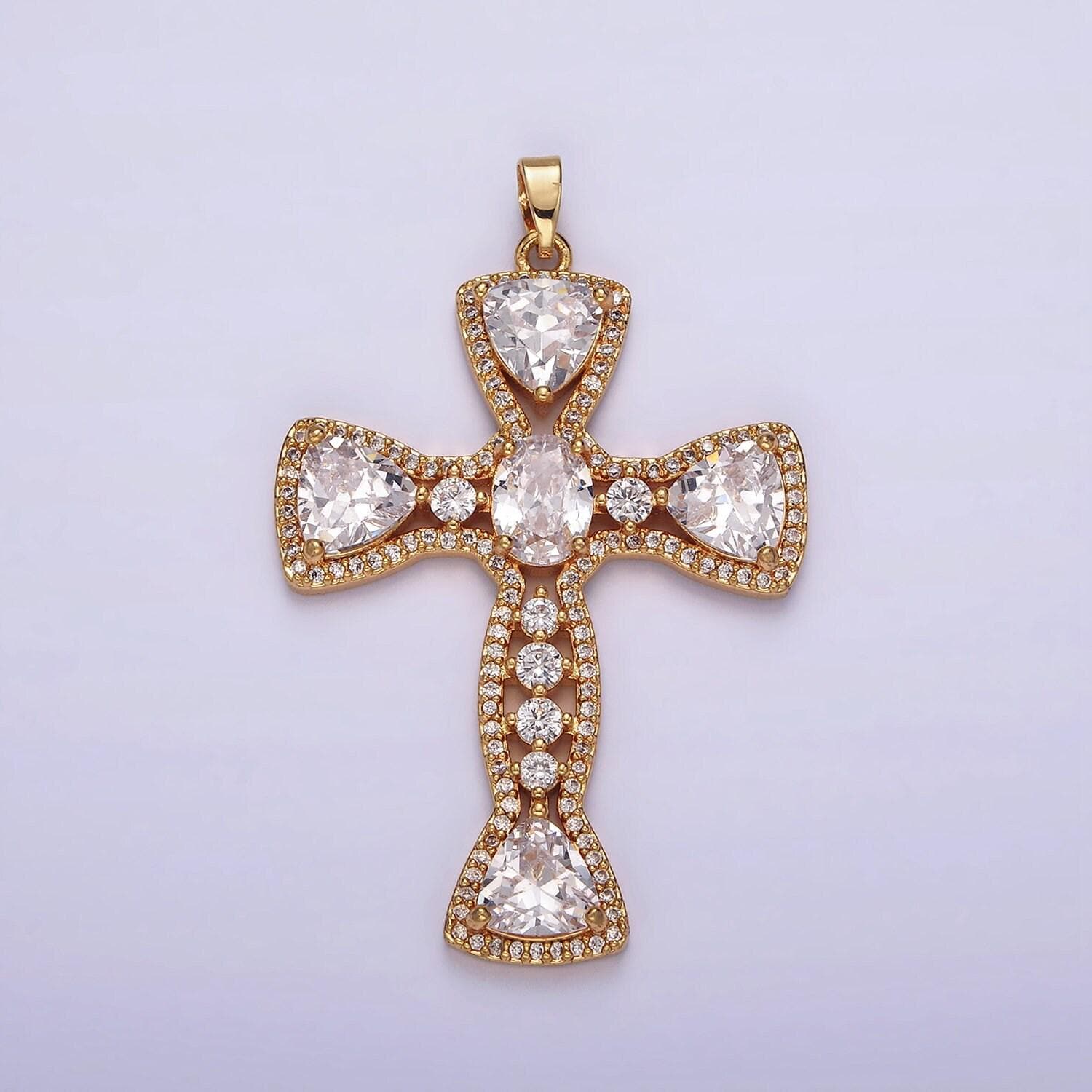 14k gold filled alexandra clear micro paved triangle oval cz stone center religious cross pendant statement religious jewelry | ah051