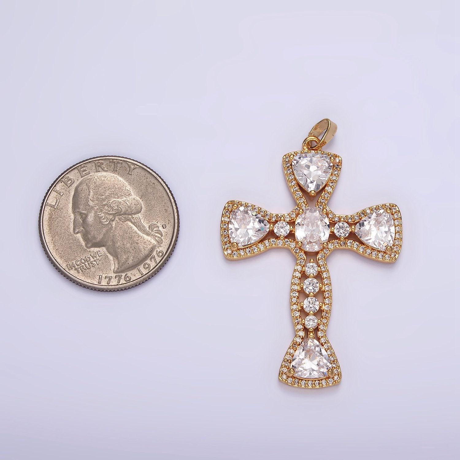 14k gold filled alexandra clear micro paved triangle oval cz stone center religious cross pendant statement religious jewelry | ah051
