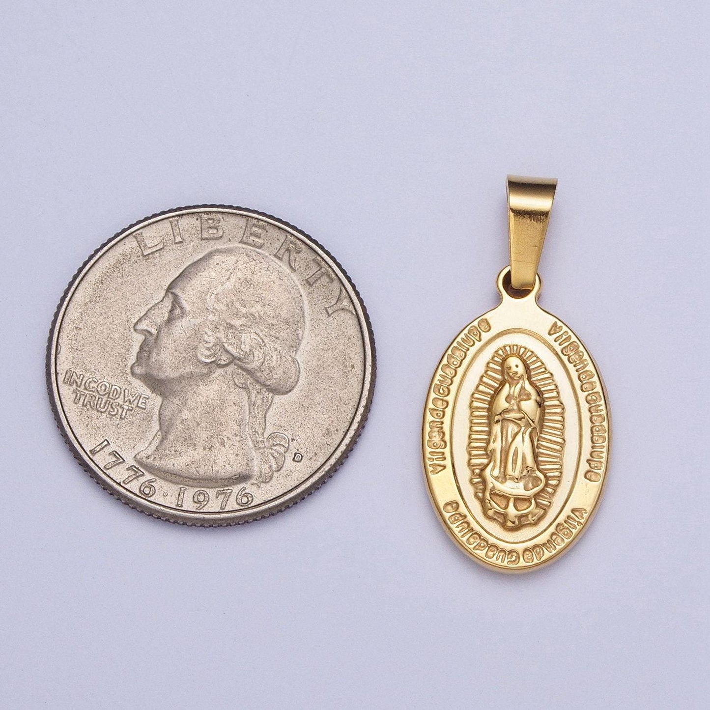 Double-sided gold virgin mary religious prayer pendant, 24k gold filled stainless steel lady of guadalupe w. prayers medallion charm | x-654