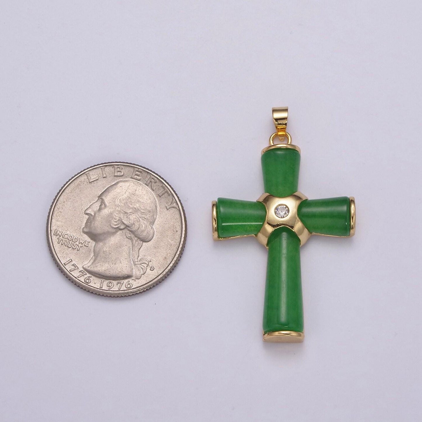 Dainty green jade cross pendant for necklace 24k gold filled cross ah-350