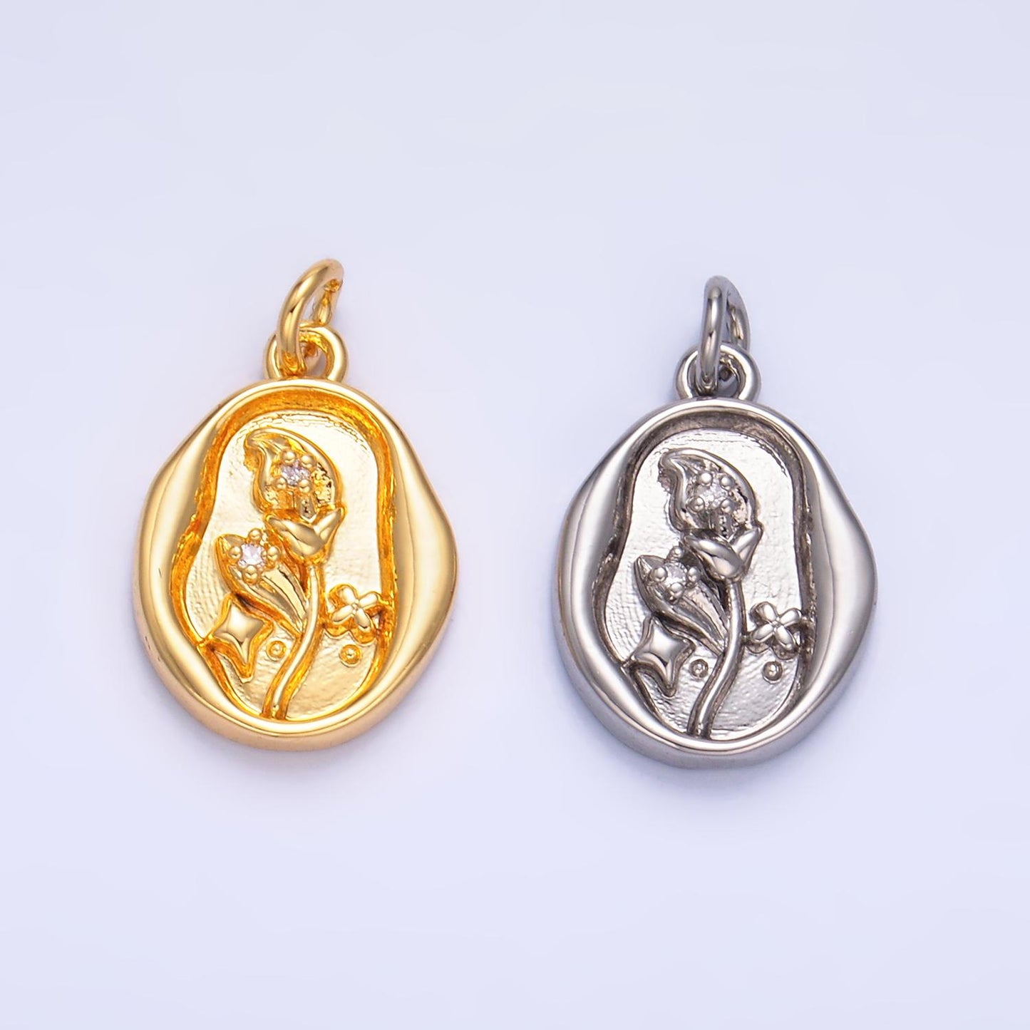 14K Gold Filled Molten Gold Morning Glory Tulip Birth Flower Personalized Oval Charm | W384