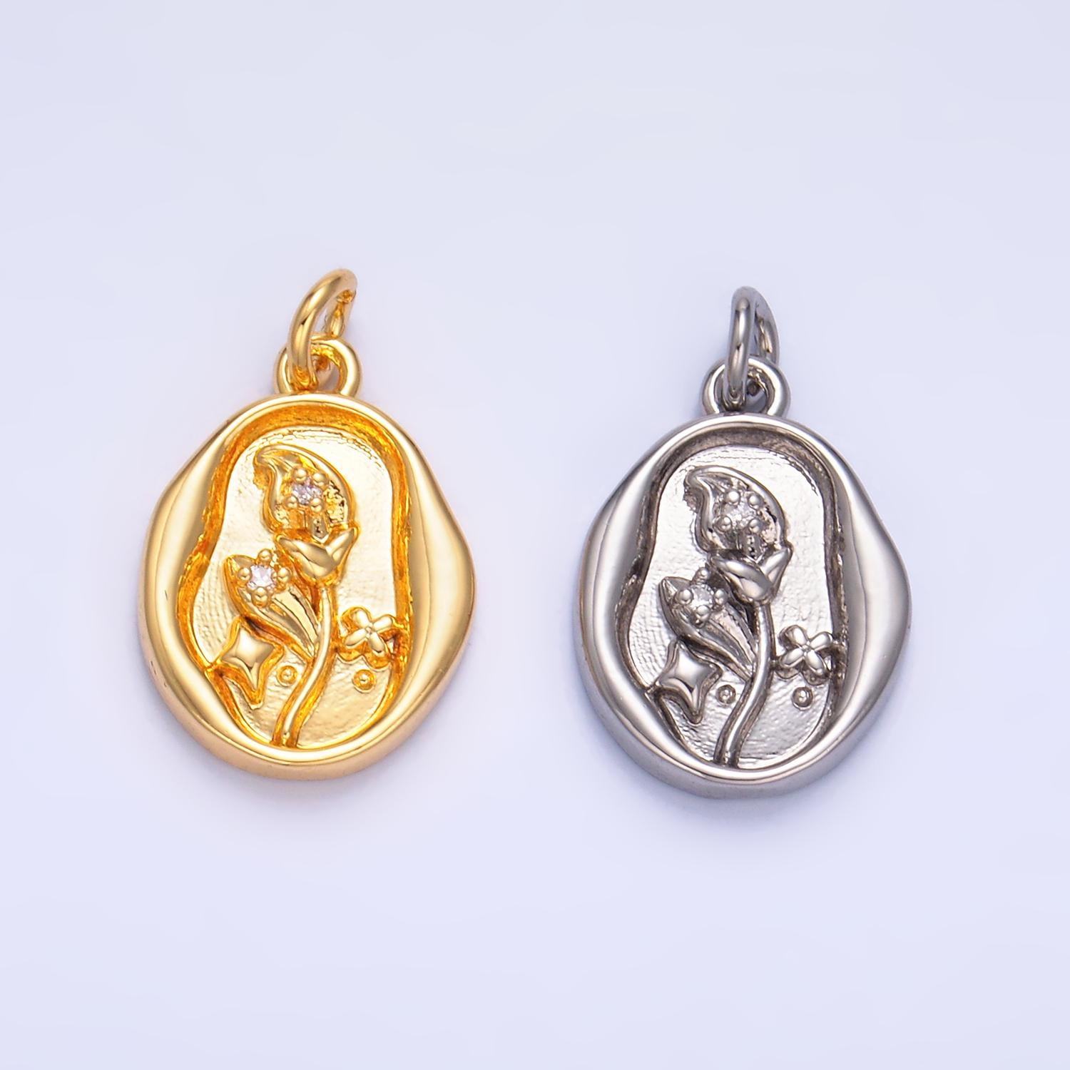 14K Gold Filled Molten Gold Morning Glory Tulip Birth Flower Personalized Oval Charm | W384