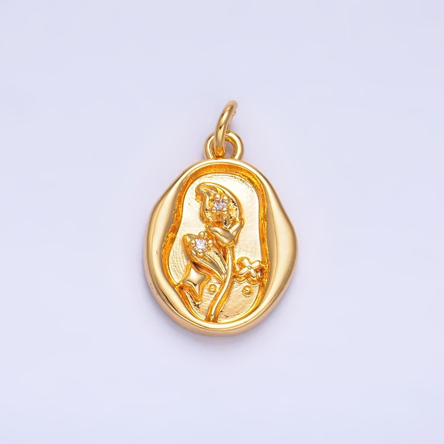 14K Gold Filled Molten Gold Morning Glory Tulip Birth Flower Personalized Oval Charm | W384
