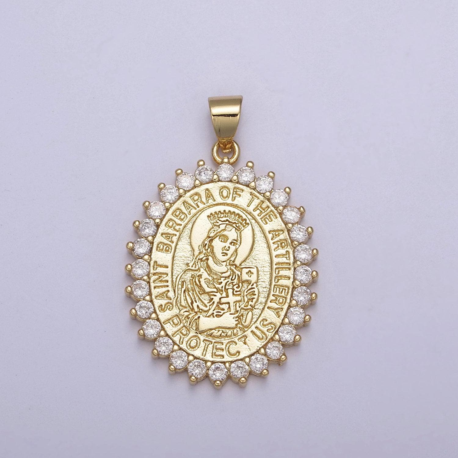Oval gold saint barbara, patron of military, artillery, firefighters, sailors, religious pendant necklace, st barbara medal necklace h-899