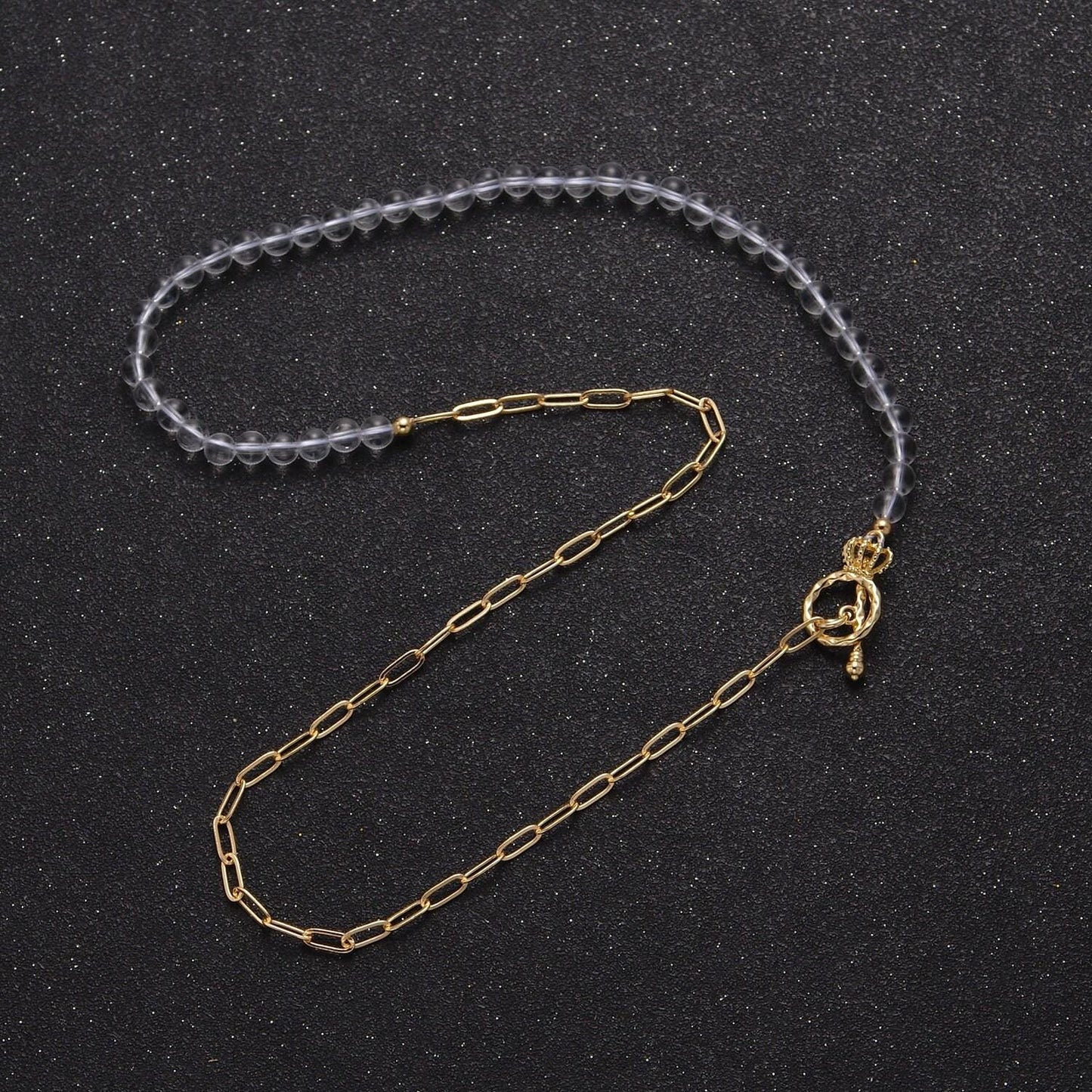 Dainty half bead half link chain necklace, 24k gold filled paperclip chain with clear quartz necklace toggle clasp wa-967