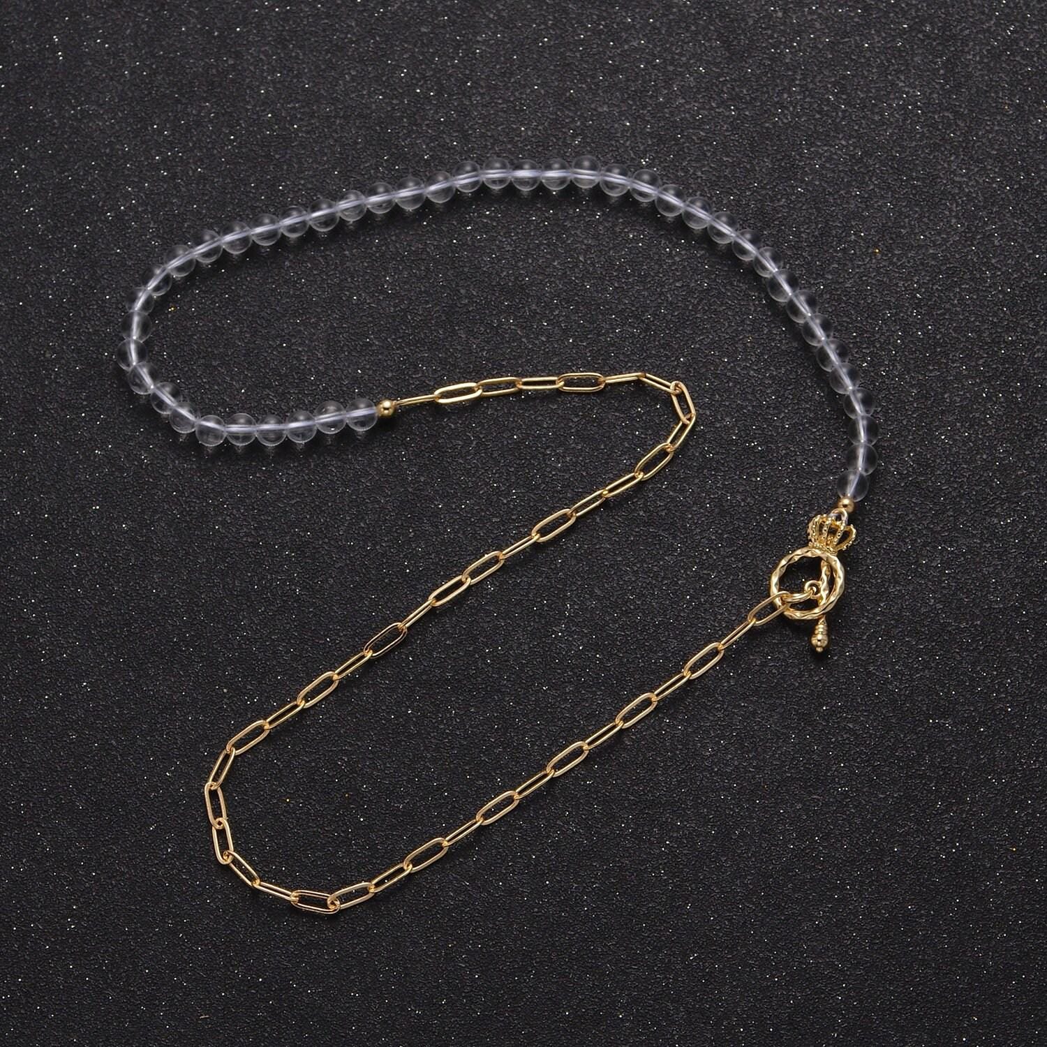Dainty half bead half link chain necklace, 24k gold filled paperclip chain with clear quartz necklace toggle clasp wa-967