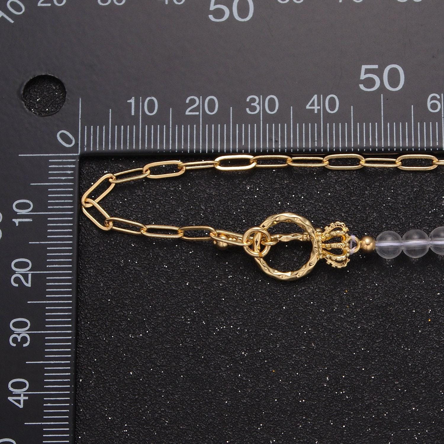 Dainty half bead half link chain necklace, 24k gold filled paperclip chain with clear quartz necklace toggle clasp wa-967