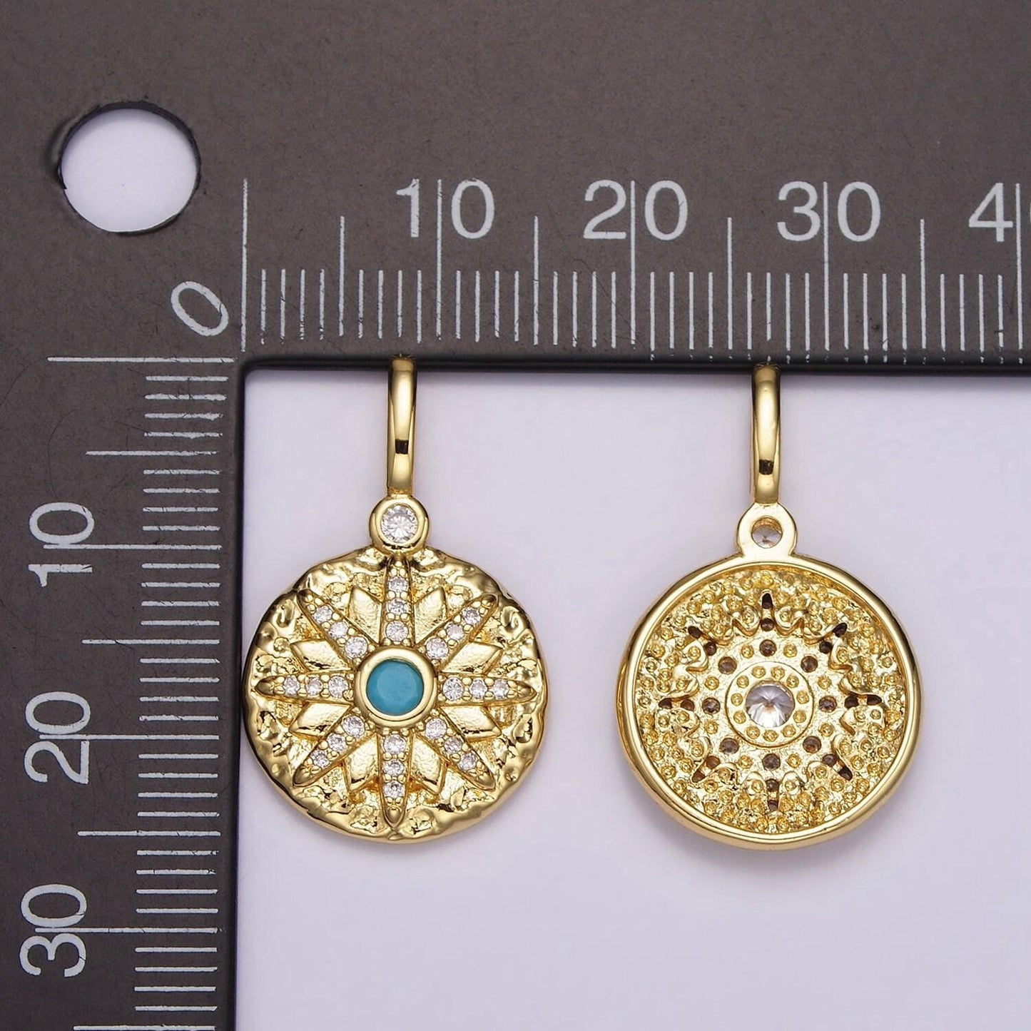14k gold filled clear, turquoise celestial star micro paved hammered round pendant | ah107 ah108