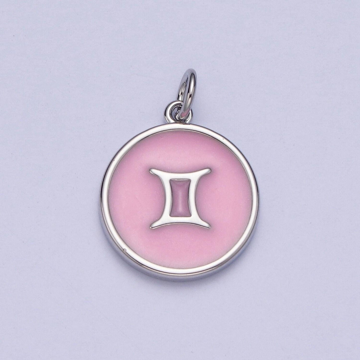 White gold filled dainty round baby pink enamel circle zodiac charms, astrological zodiac signs, birthday, horoscope pendants | a1463-a1468