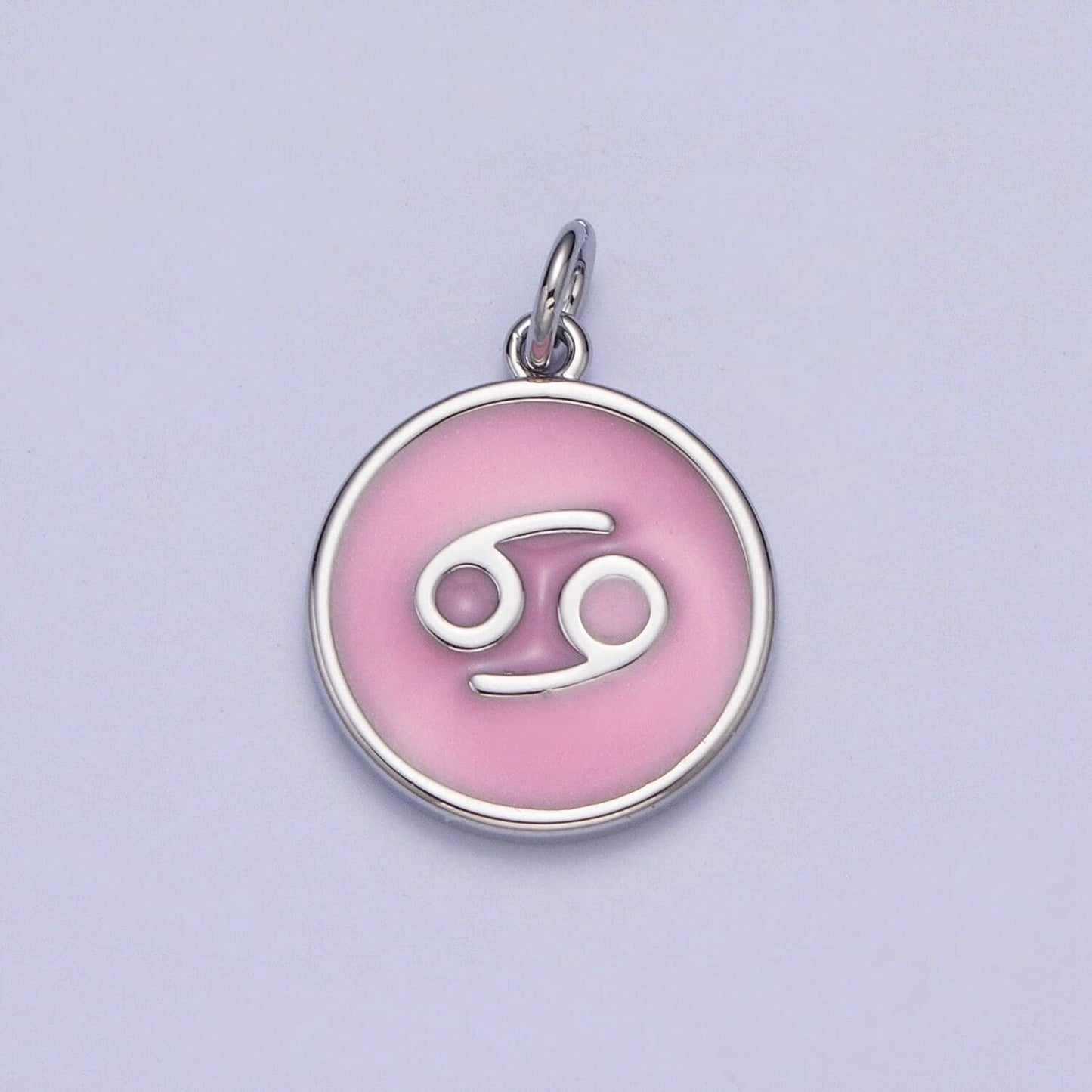 White gold filled dainty round baby pink enamel circle zodiac charms, astrological zodiac signs, birthday, horoscope pendants | a1463-a1468