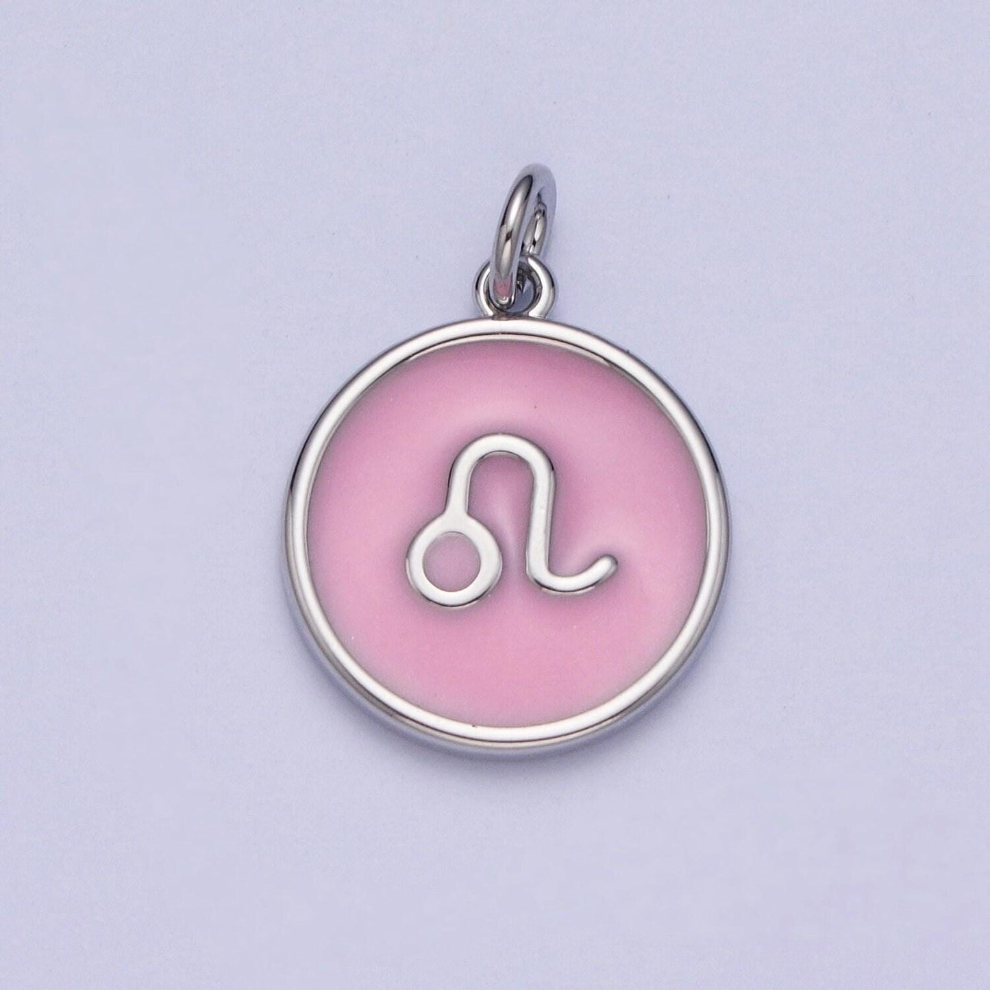 White gold filled dainty round baby pink enamel circle zodiac charms, astrological zodiac signs, birthday, horoscope pendants | a1463-a1468