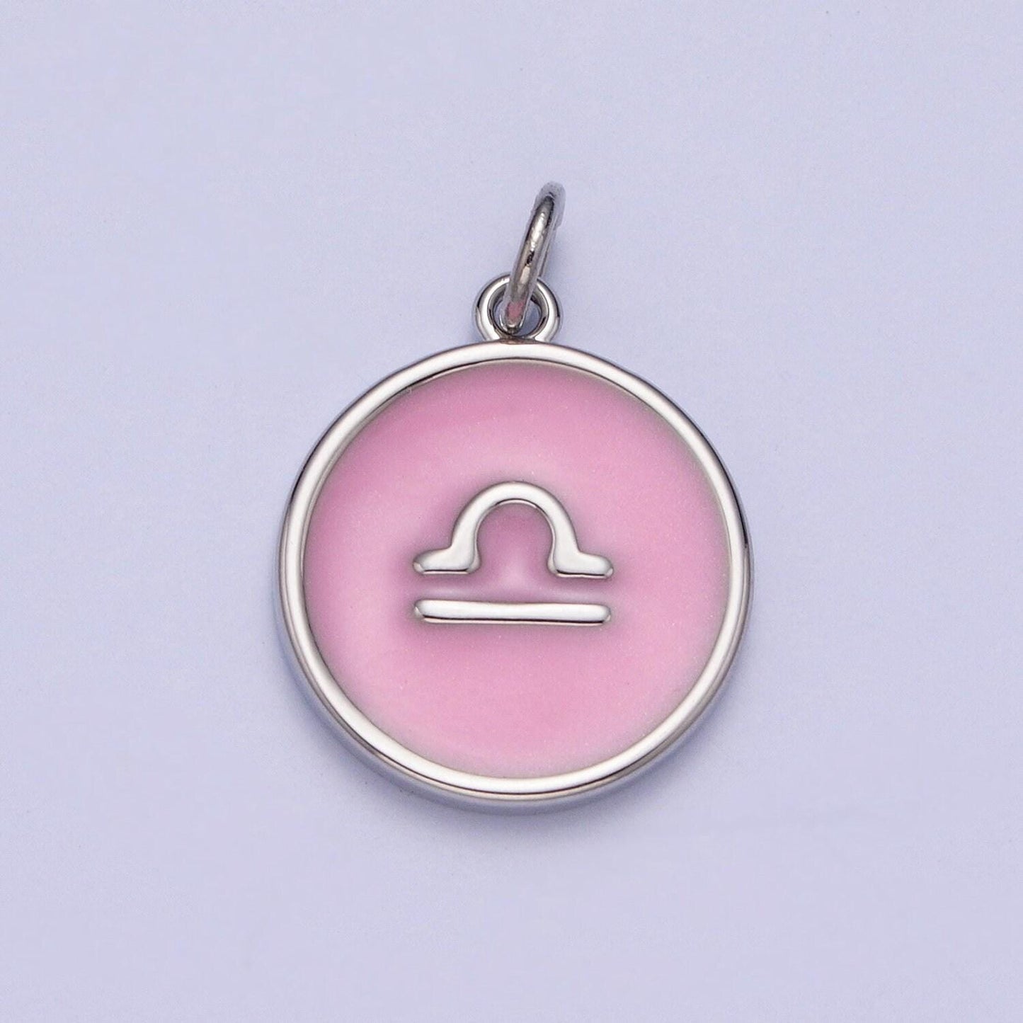 White gold filled dainty round baby pink enamel circle zodiac charms, astrological zodiac signs, birthday, horoscope pendants | a1463-a1468