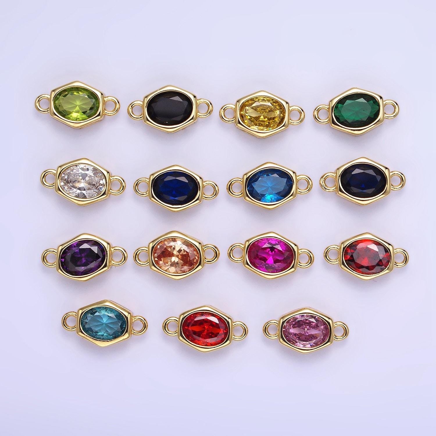 9mm abstract oval gold filled bezel cut charm connectors cubic zirconia bezel charm bracelet necklace supply cz birthstone connectors g414