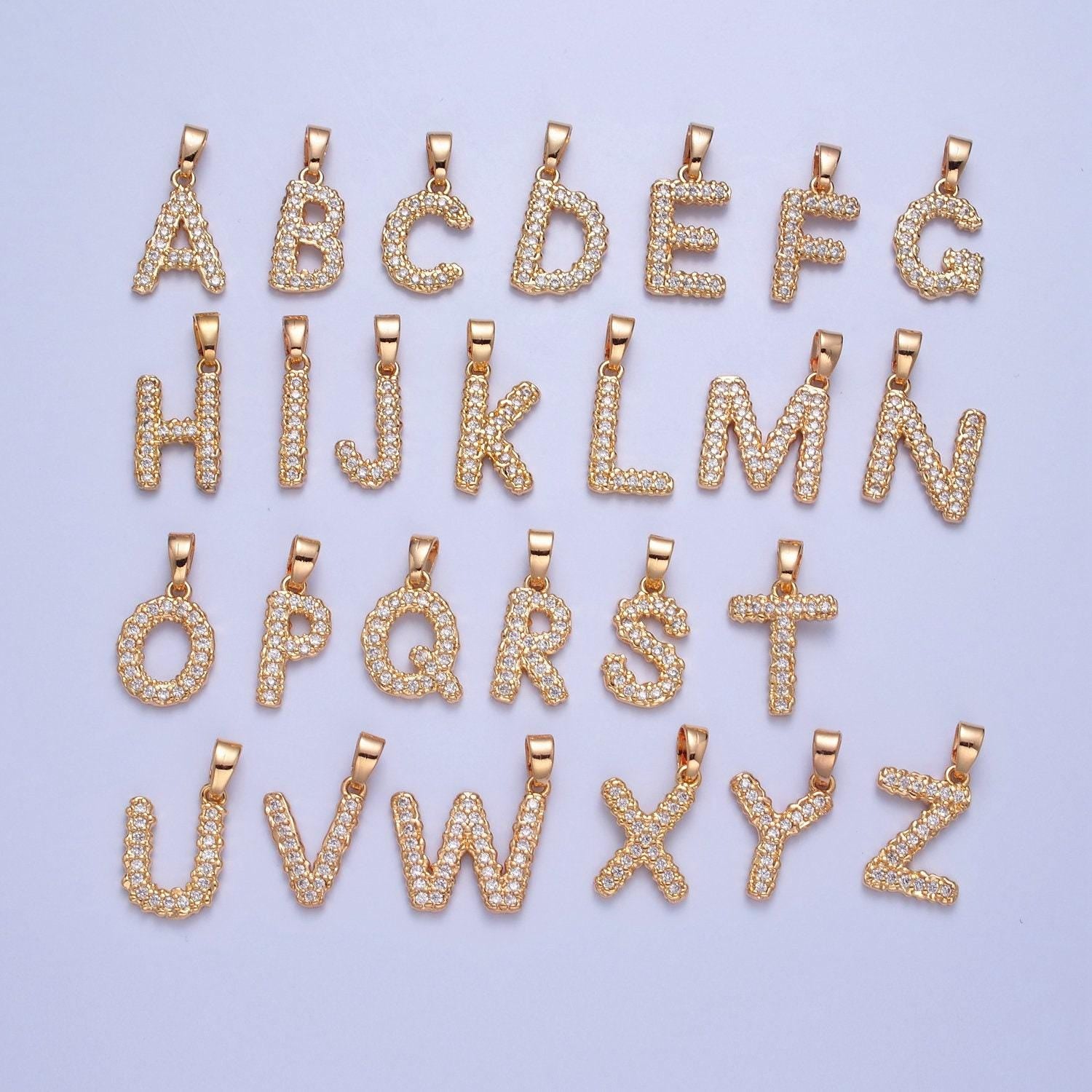 Dainty gold filled tiny micro pave cubic zirconia cz stones initial letter alphabet pendants for personalized jewelry | a849-a861