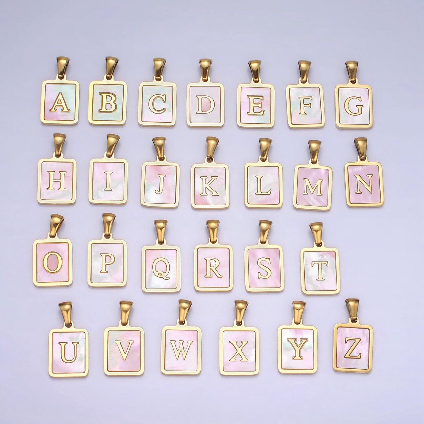 Pink pearl shell alphabet 12mm stainless steel initial letter pendant gold pvd plating for personalized jewelry making supply | a1565-a1577