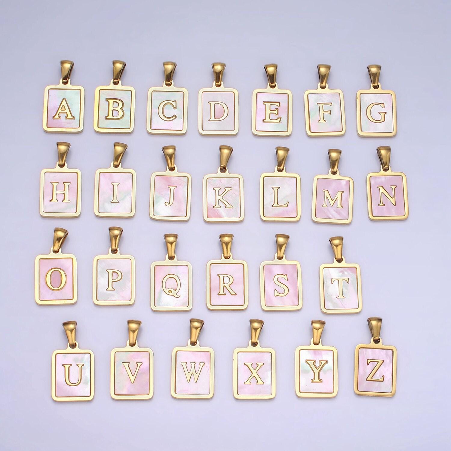 Pink pearl shell alphabet 12mm stainless steel initial letter pendant gold pvd plating for personalized jewelry making supply | a1565-a1577