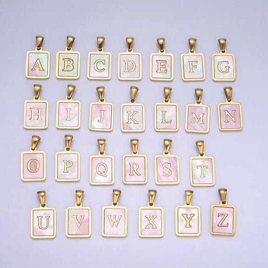 Pink pearl shell alphabet 12mm stainless steel initial letter pendant gold pvd plating for personalized jewelry making supply | a1565-a1577