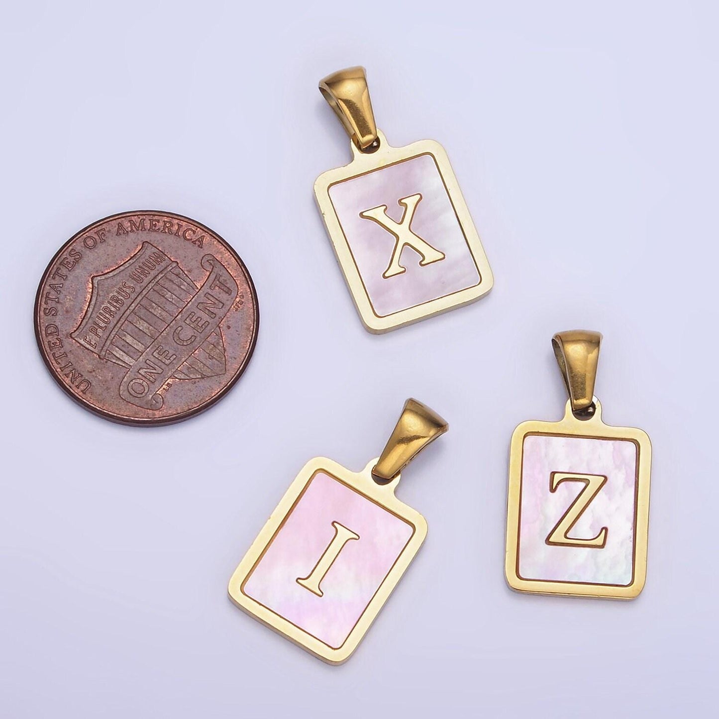 Pink pearl shell alphabet 12mm stainless steel initial letter pendant gold pvd plating for personalized jewelry making supply | a1565-a1577