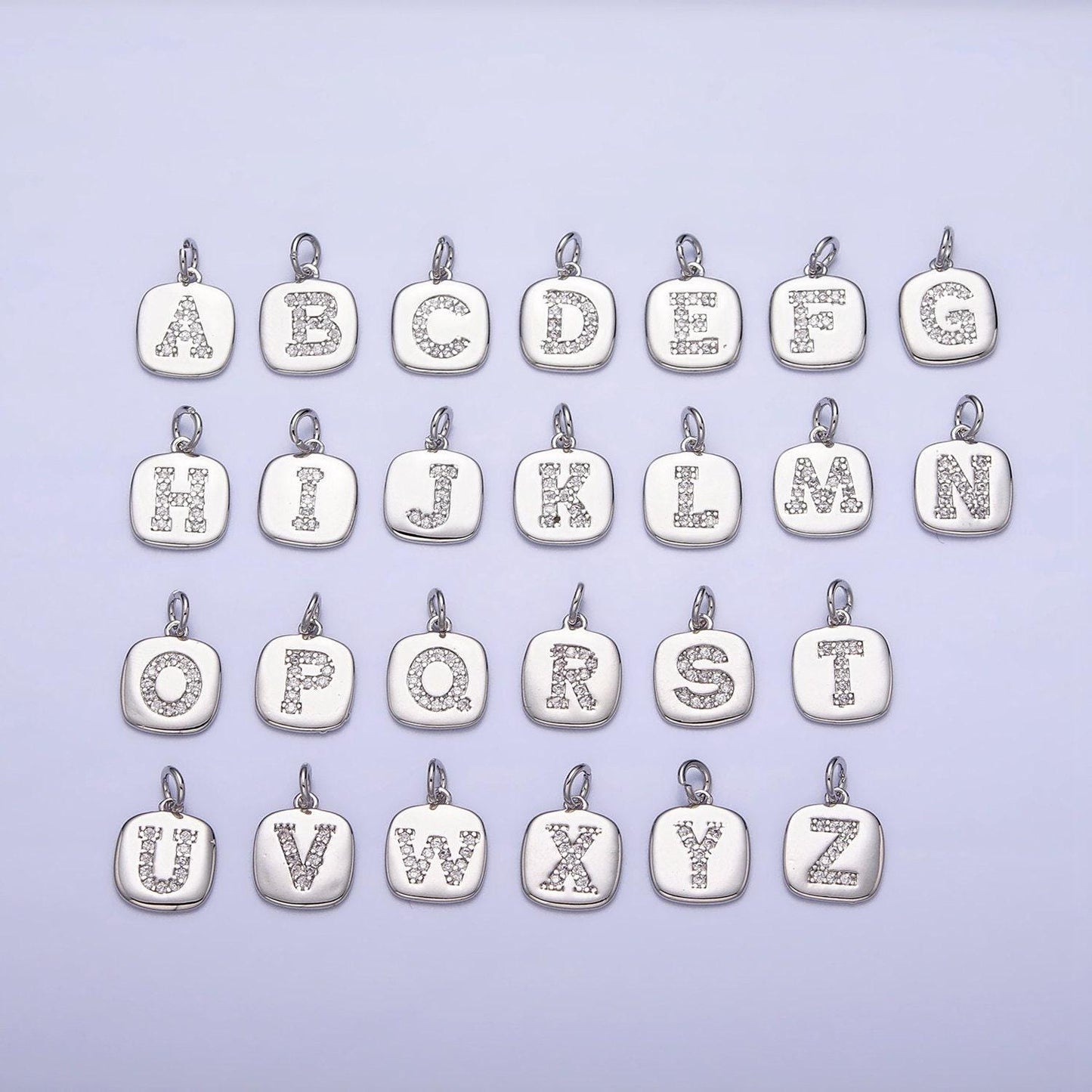 Silver tag square cz clear micro paved initial alphabet dainty personalized name tag charm necklace bracelet component | a266-a278