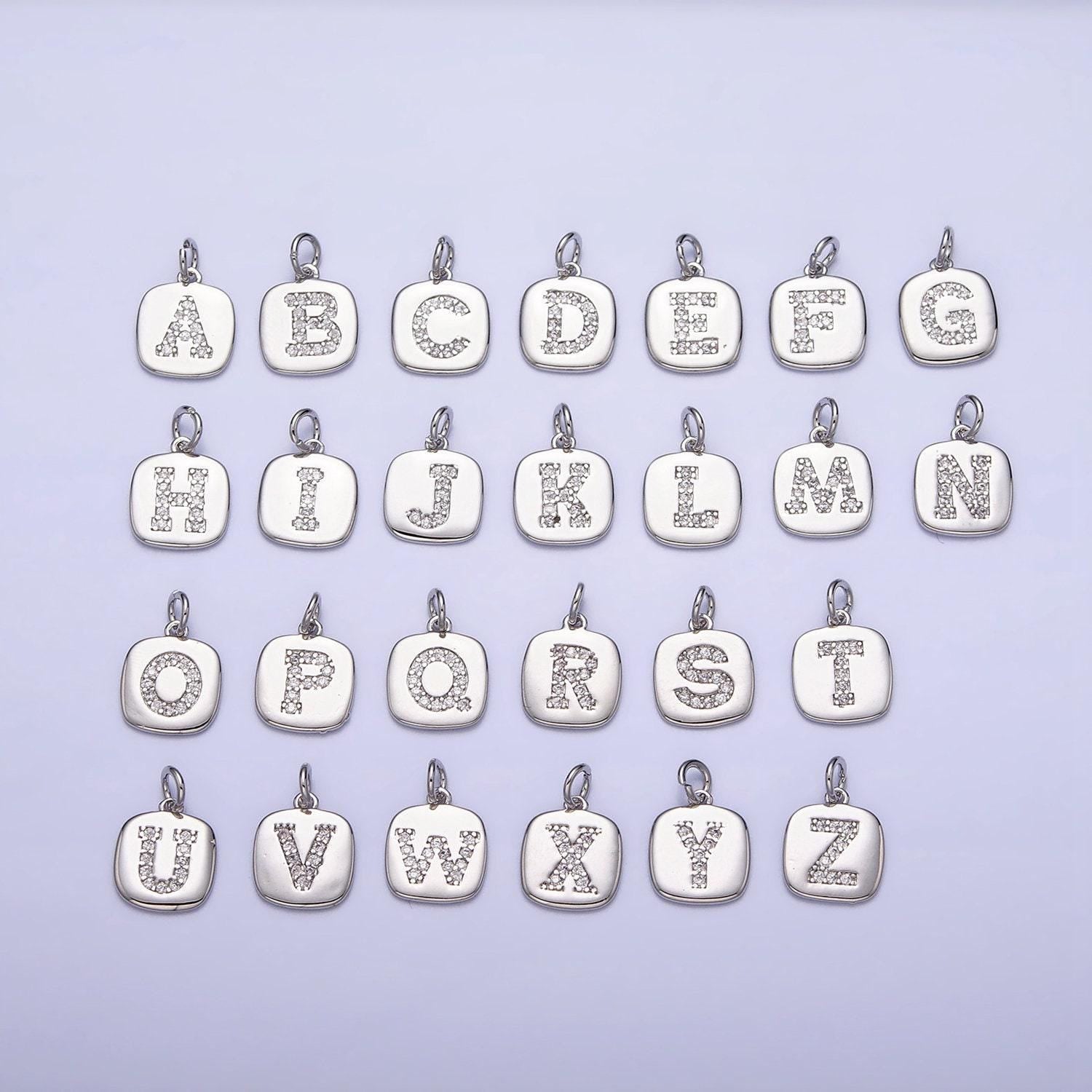 Silver tag square cz clear micro paved initial alphabet dainty personalized name tag charm necklace bracelet component | a266-a278