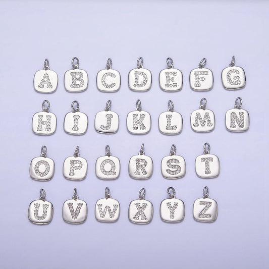 Silver tag square cz clear micro paved initial alphabet dainty personalized name tag charm necklace bracelet component | a266-a278
