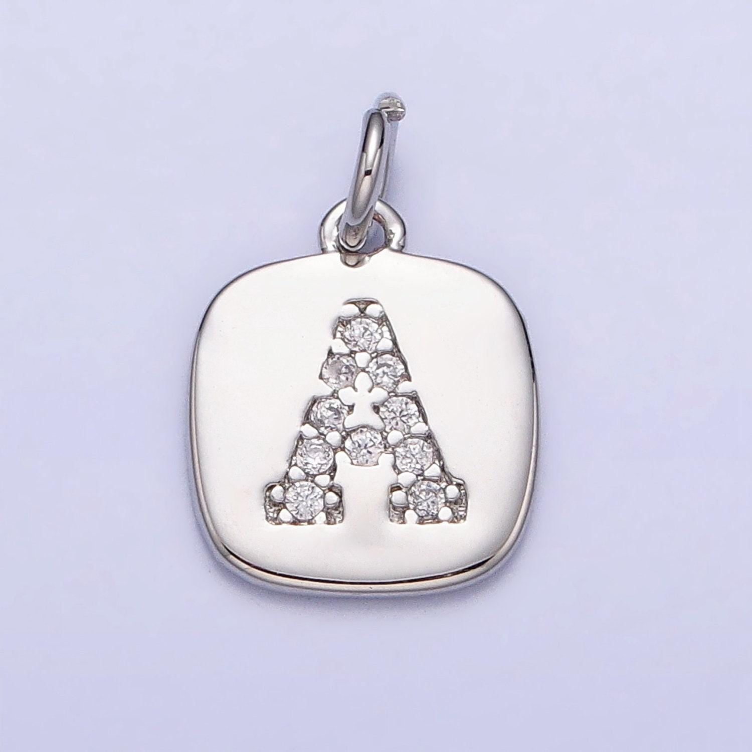 Silver tag square cz clear micro paved initial alphabet dainty personalized name tag charm necklace bracelet component | a266-a278