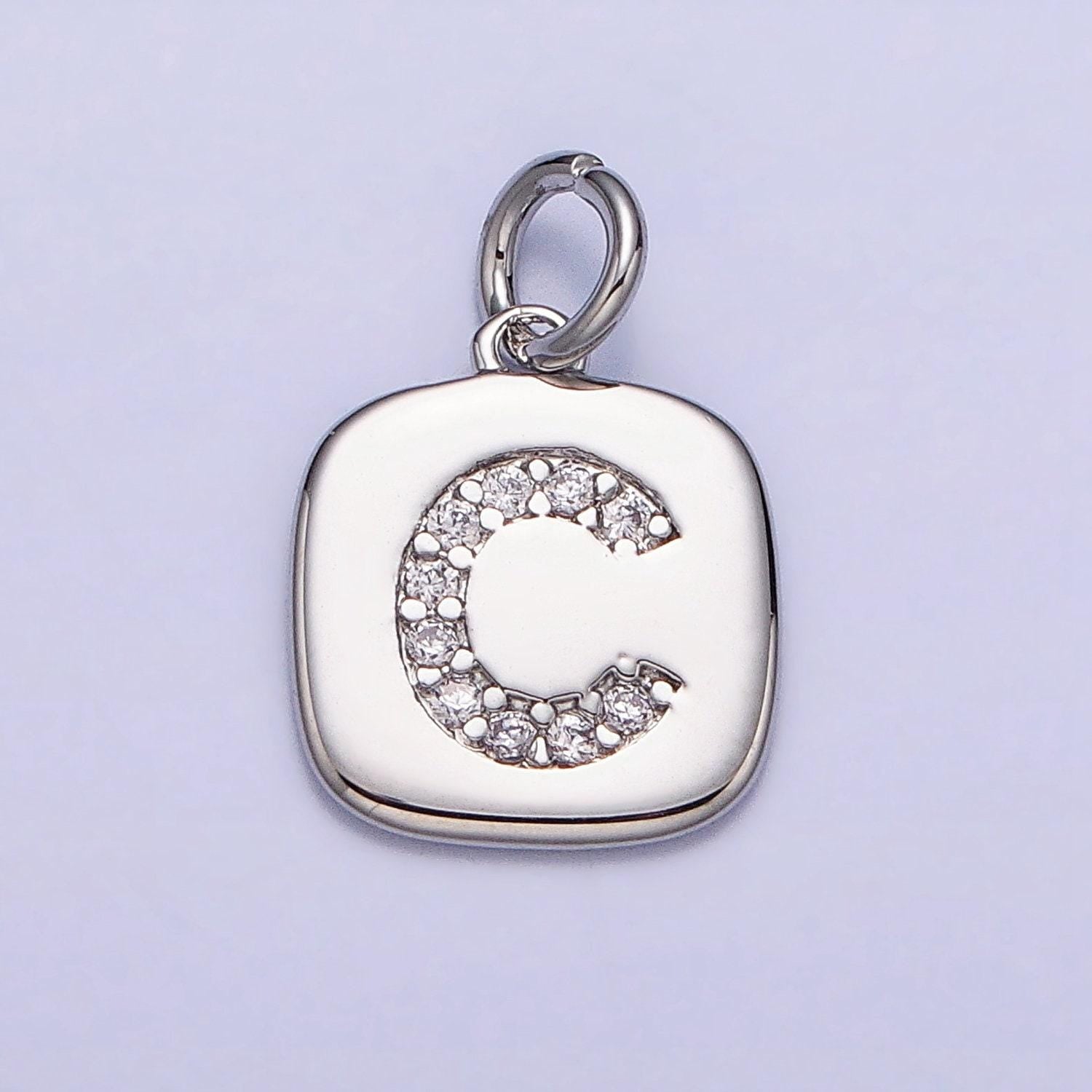 Silver tag square cz clear micro paved initial alphabet dainty personalized name tag charm necklace bracelet component | a266-a278