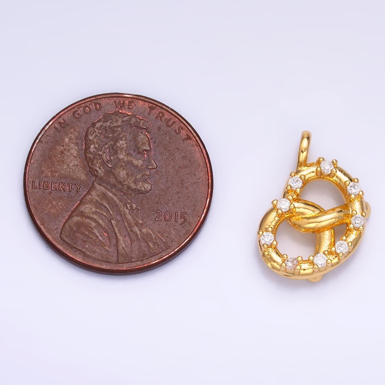 Cubic Minimalist Small 3D Pretzel Charm CZ French Pastry 24K Gold Filled Food Charm in Gold & Silver | W-340