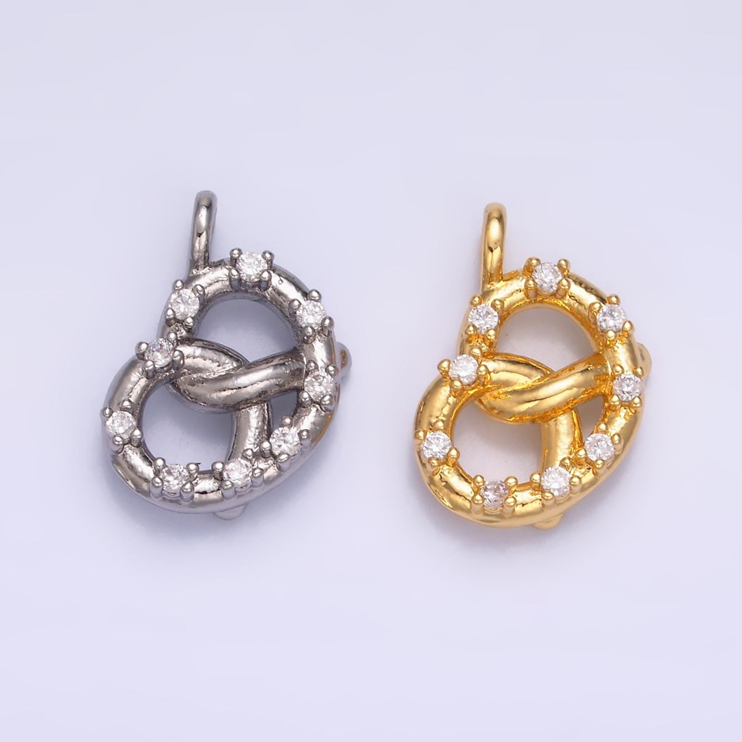 Cubic Minimalist Small 3D Pretzel Charm CZ French Pastry 24K Gold Filled Food Charm in Gold & Silver | W-340