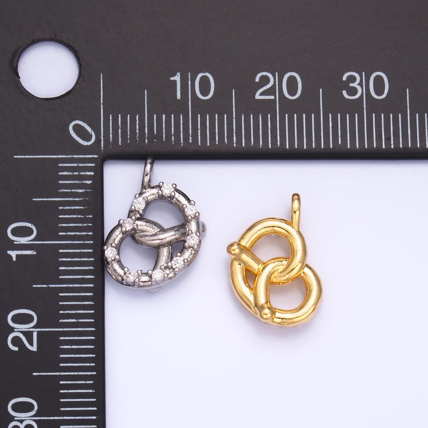 Cubic Minimalist Small 3D Pretzel Charm CZ French Pastry 24K Gold Filled Food Charm in Gold & Silver | W-340