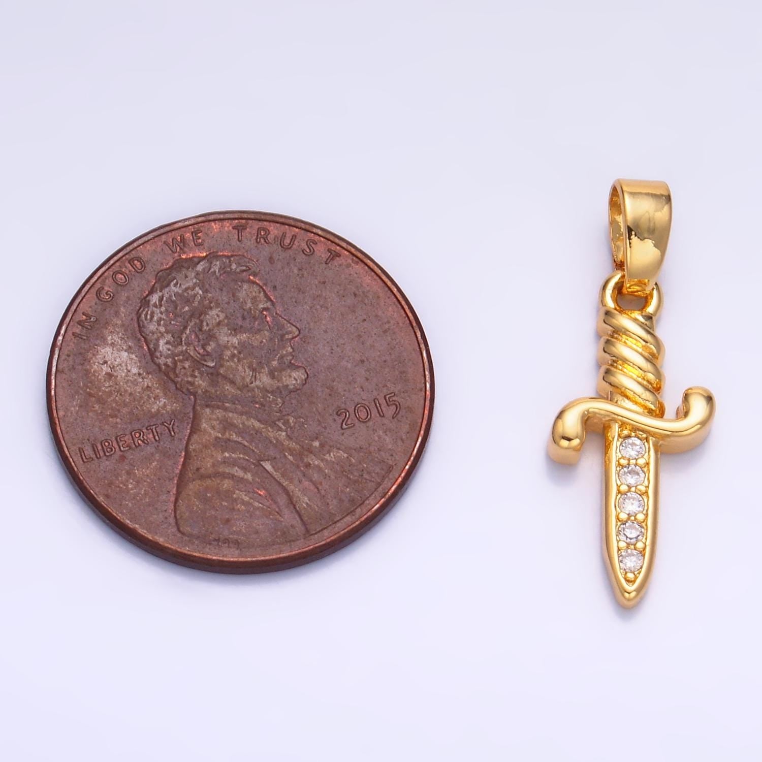 24K Gold Filled Dainty Knife Pendant Small Dagger Amulet Clear Micro CZ Pave | DIY Fashion Charm Add on Necklace Bracelet AA1058