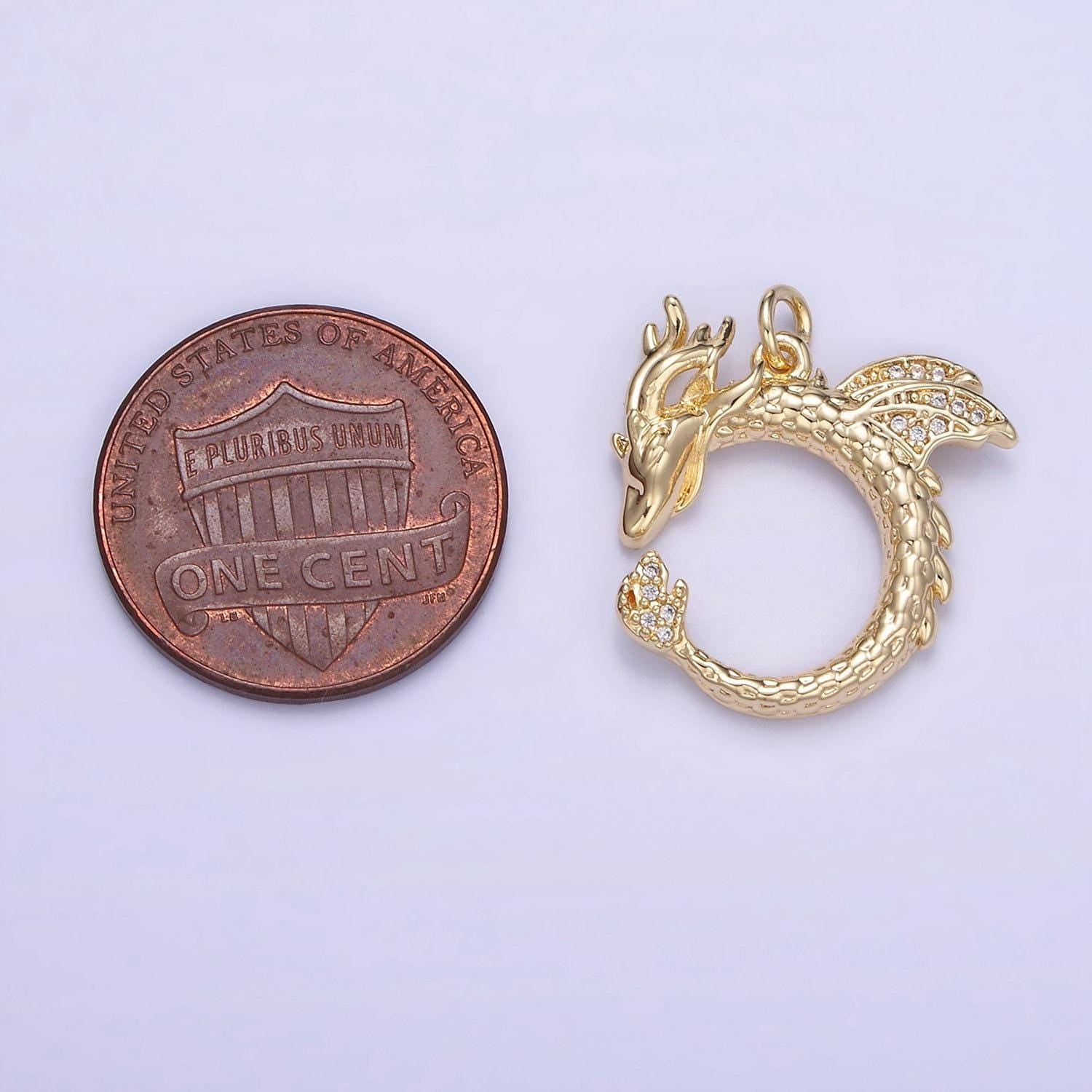 Gold dragon pendant round dragon fly charm- mythical animal pendant - gold dragon fly pendant w587