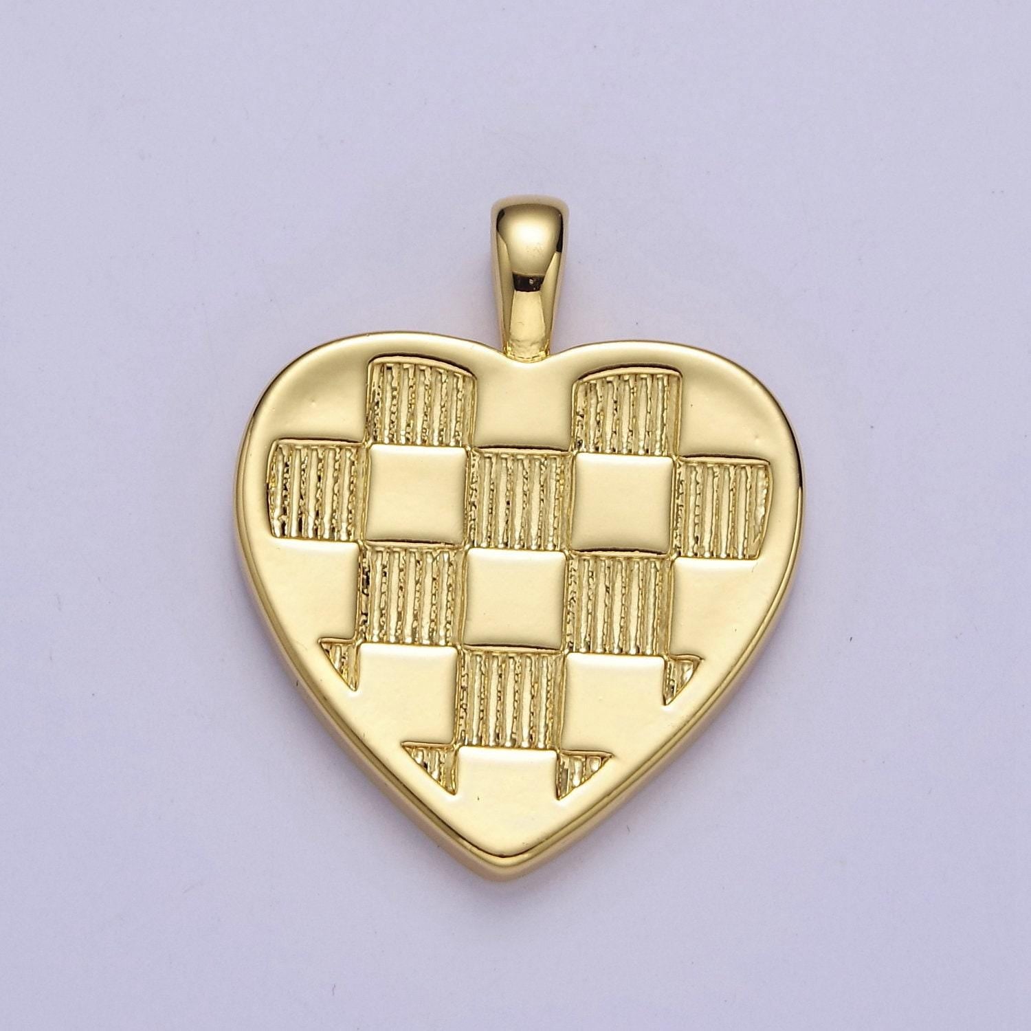 Gold checkered heart charms - plaid love charms for diy jewelry supply j-489