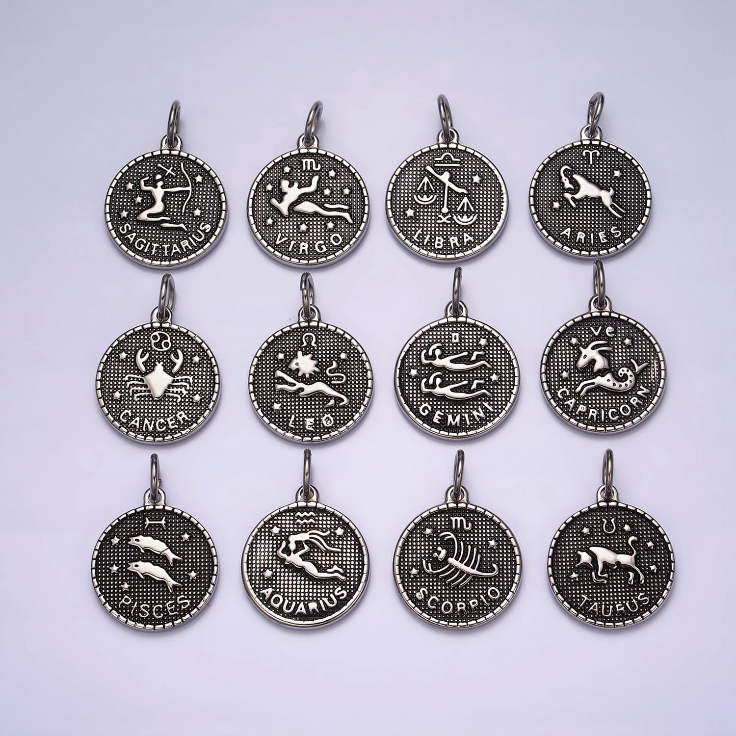 Coin Medallion Zodiac Pendants Stainless Steel Silver Astrological Birthday Zodiac Sign Charms | A1229