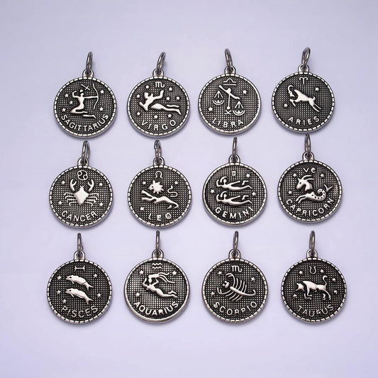 Coin Medallion Zodiac Pendants Stainless Steel Silver Astrological Birthday Zodiac Sign Charms | A1229