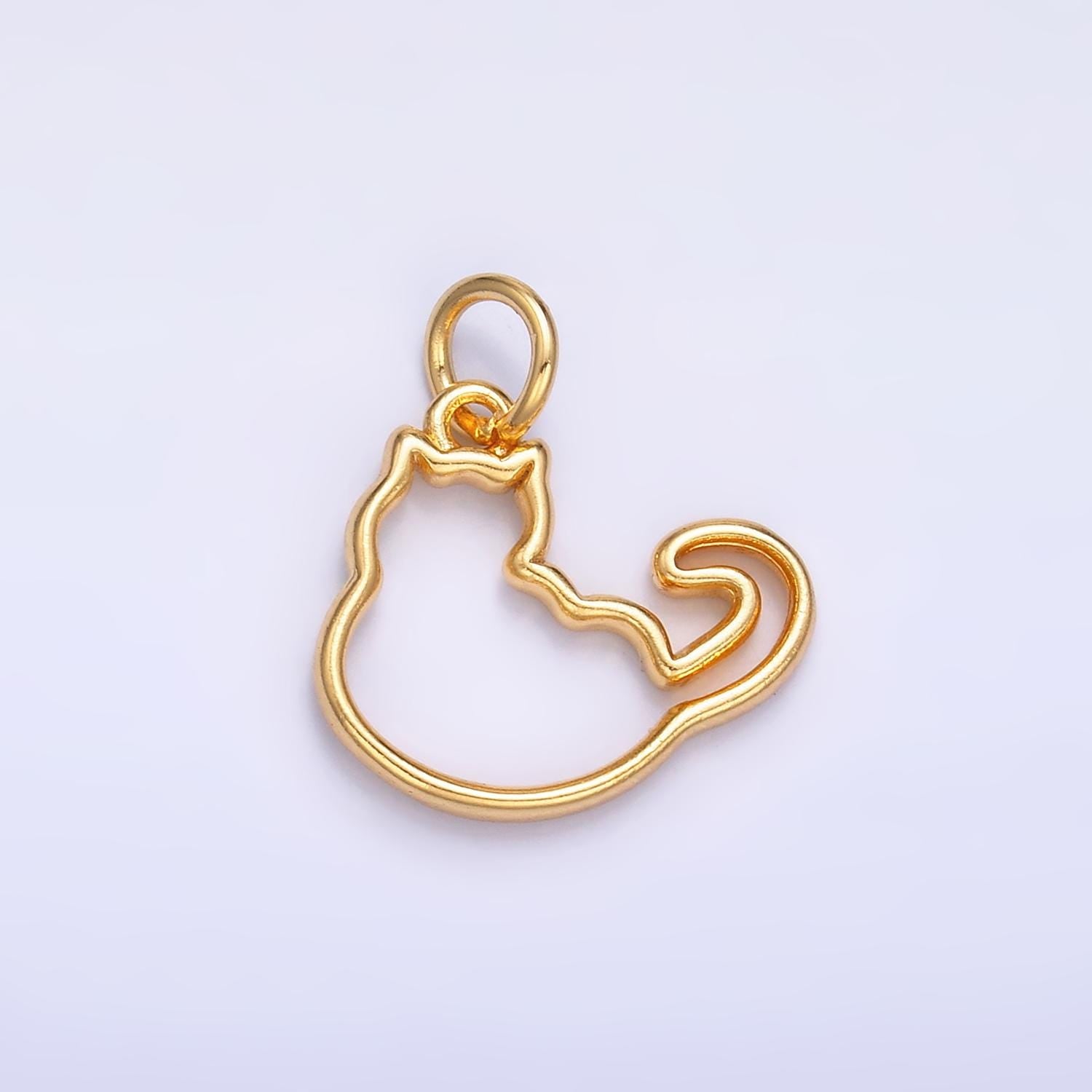 24K Gold Filled Cute Fat Cat Pet Silhouette Outline Charm in Gold & Silver | W338