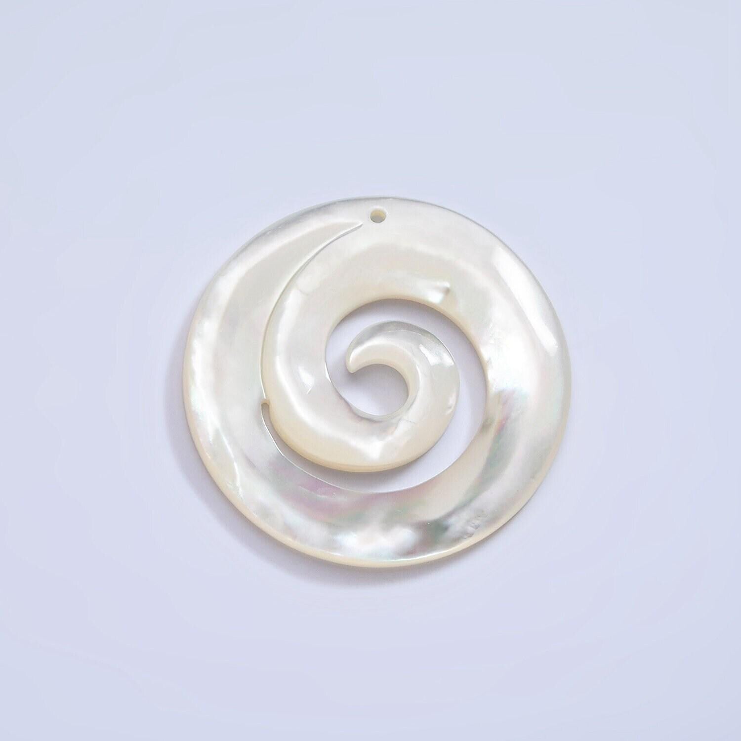 1x mop pearl round swirl pendants, white fresh water pearl coin charm spiral wave beach inspired for necklace earring supply 30mm size