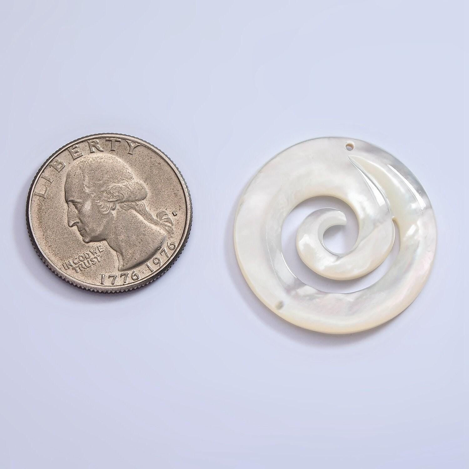 1x mop pearl round swirl pendants, white fresh water pearl coin charm spiral wave beach inspired for necklace earring supply 30mm size