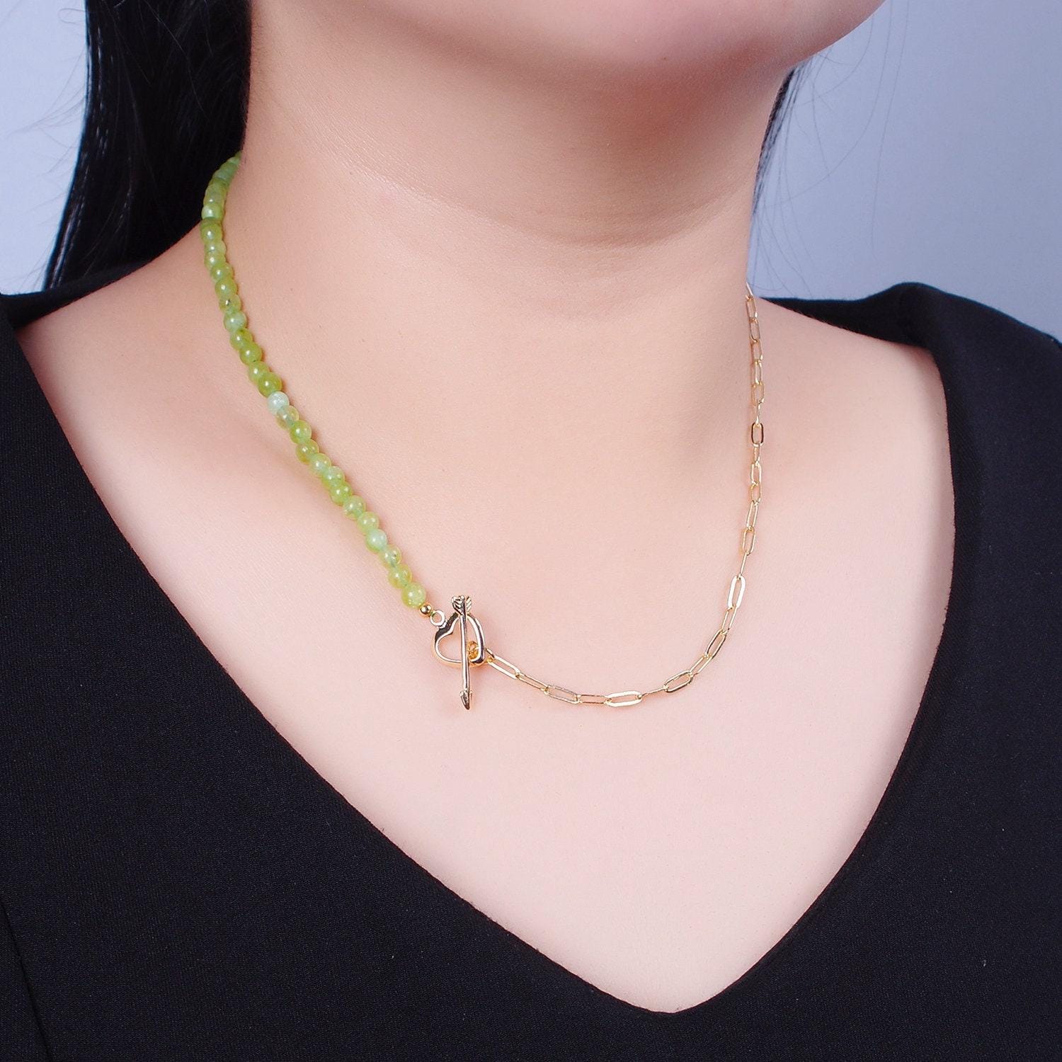 Dainty half bead half link chain necklace, 24k gold filled paperclip chain with green jade necklace heart toggle clasp wa-959