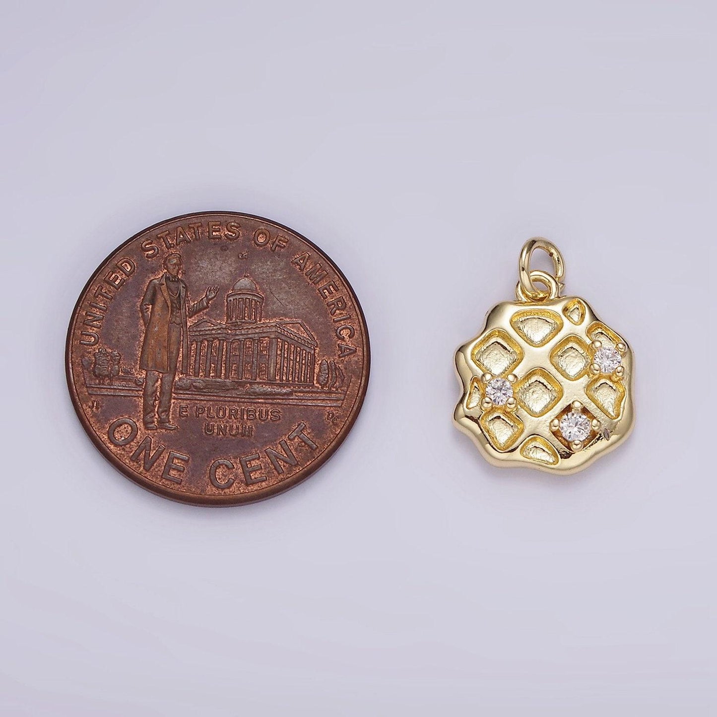 14k gold filled triple clear cz waffle dented abstract round charm | ag504