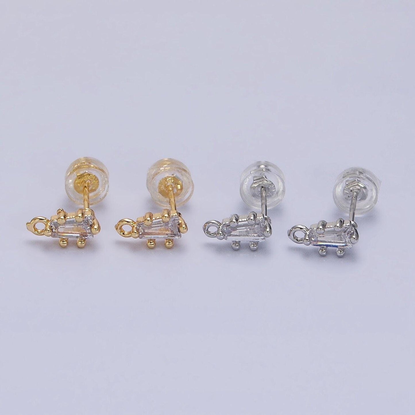 Mini baguette cz earring finding in 16k gold filled studs with open loop link wholesale earring supply z373