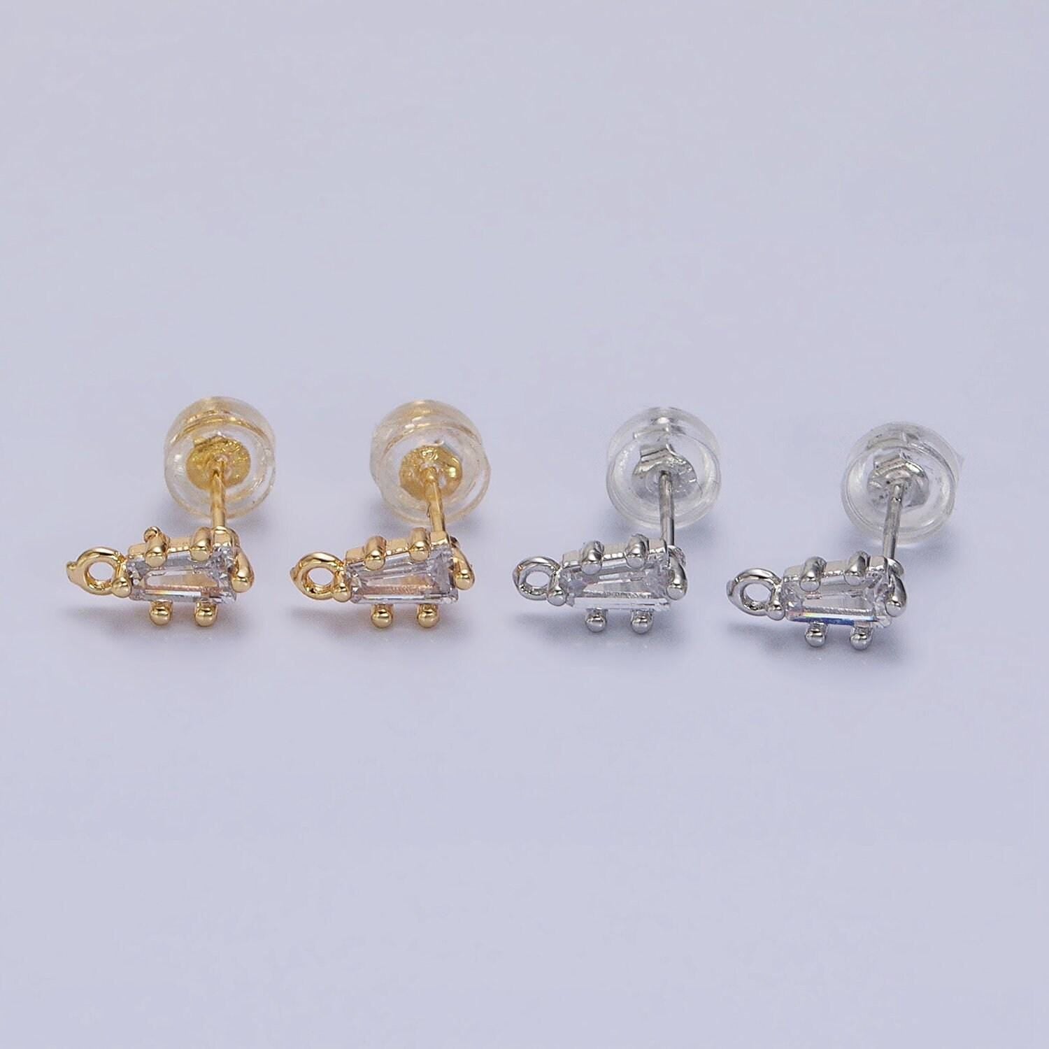Mini baguette cz earring finding in 16k gold filled studs with open loop link wholesale earring supply z373