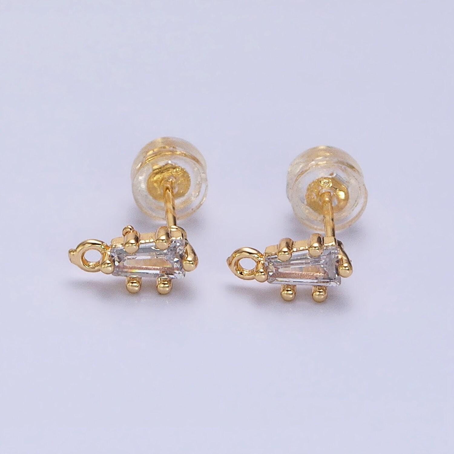 Mini baguette cz earring finding in 16k gold filled studs with open loop link wholesale earring supply z373