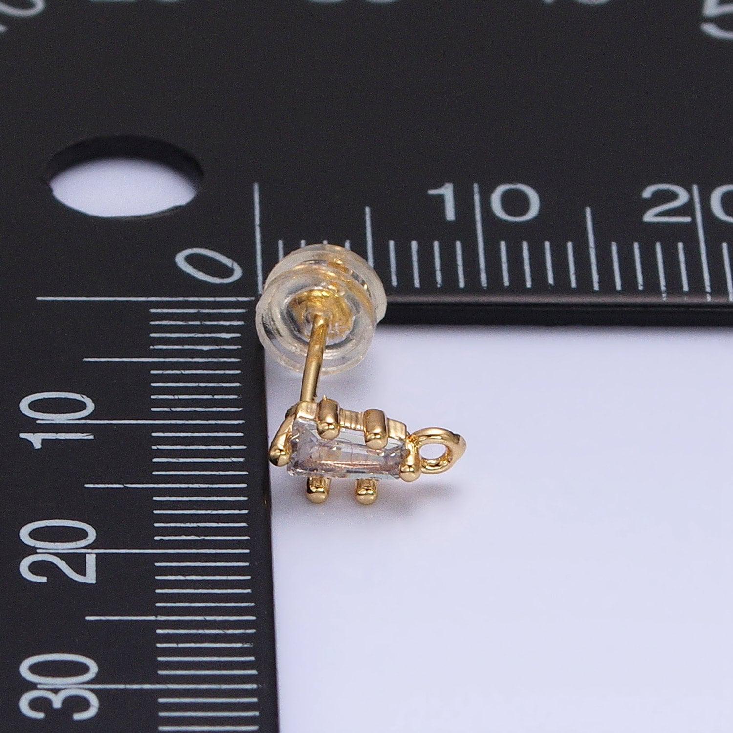 Mini baguette cz earring finding in 16k gold filled studs with open loop link wholesale earring supply z373