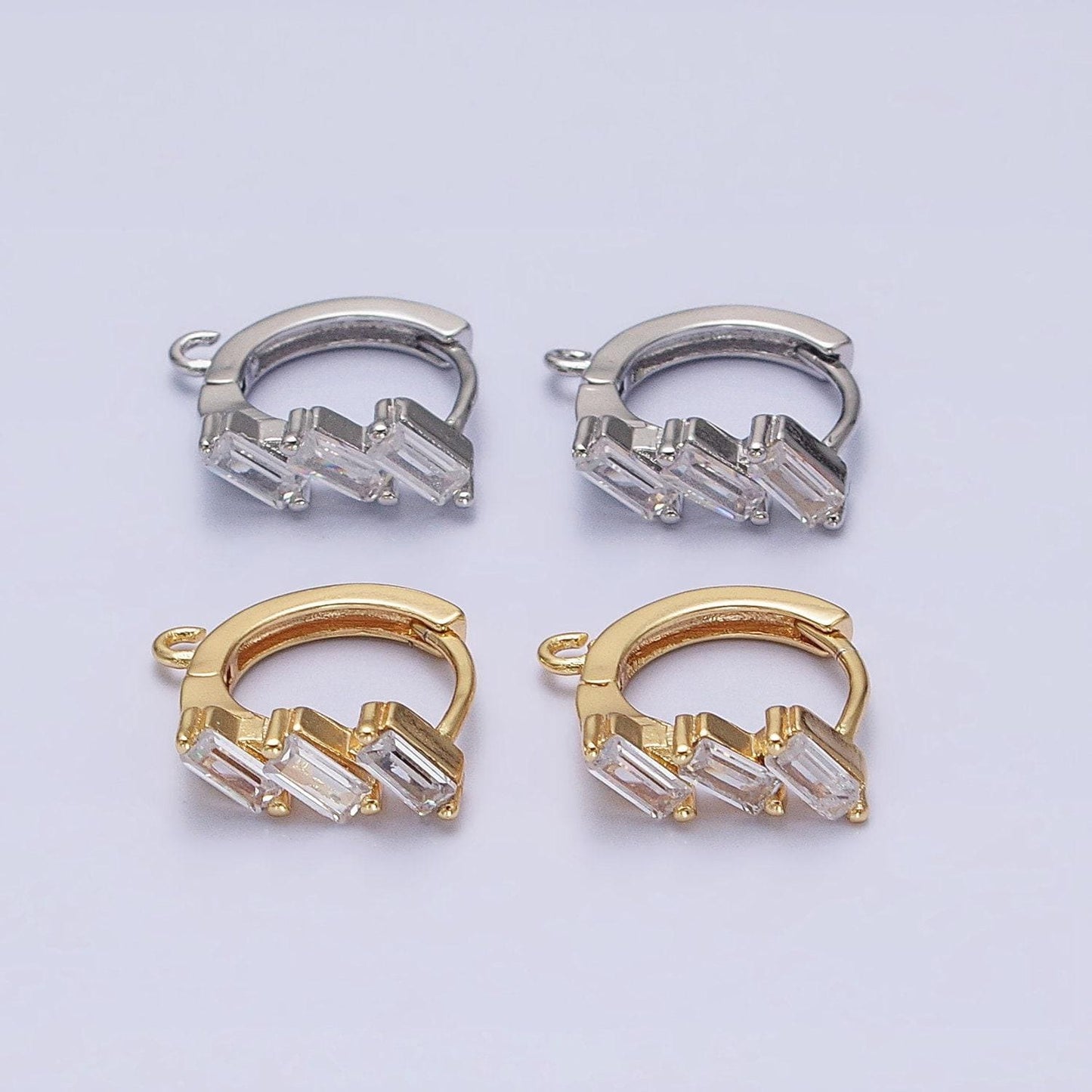 Mini silver, gold triple clear baguette cz 12mm huggie open loop earrings supply | z169 z298