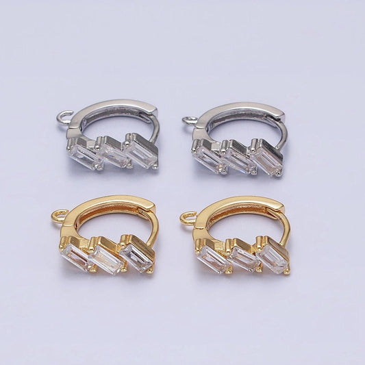 Mini silver, gold triple clear baguette cz 12mm huggie open loop earrings supply | z169 z298