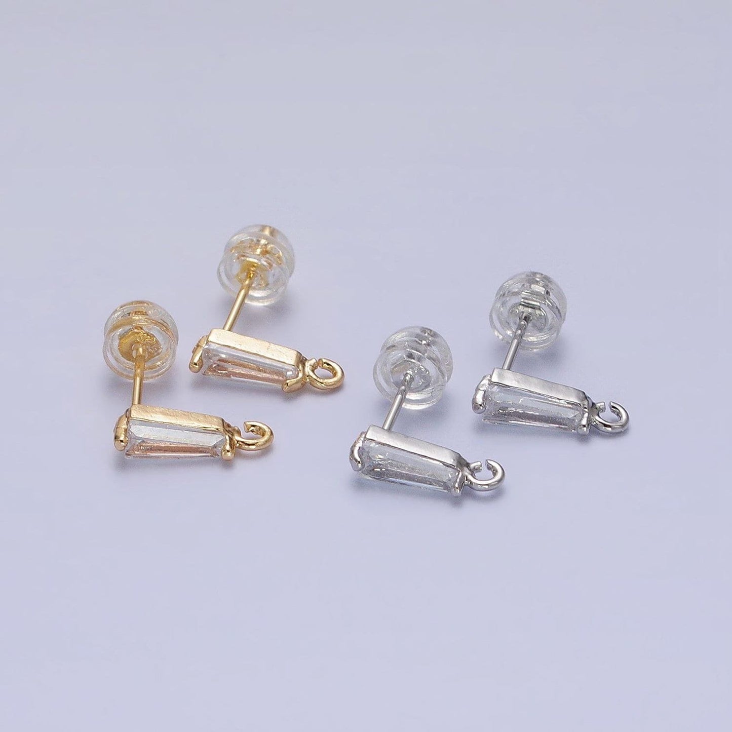 Mini baguette cut cz diamond stud earring gold earring post with open link for earring supply silver post stud earring z184 z185