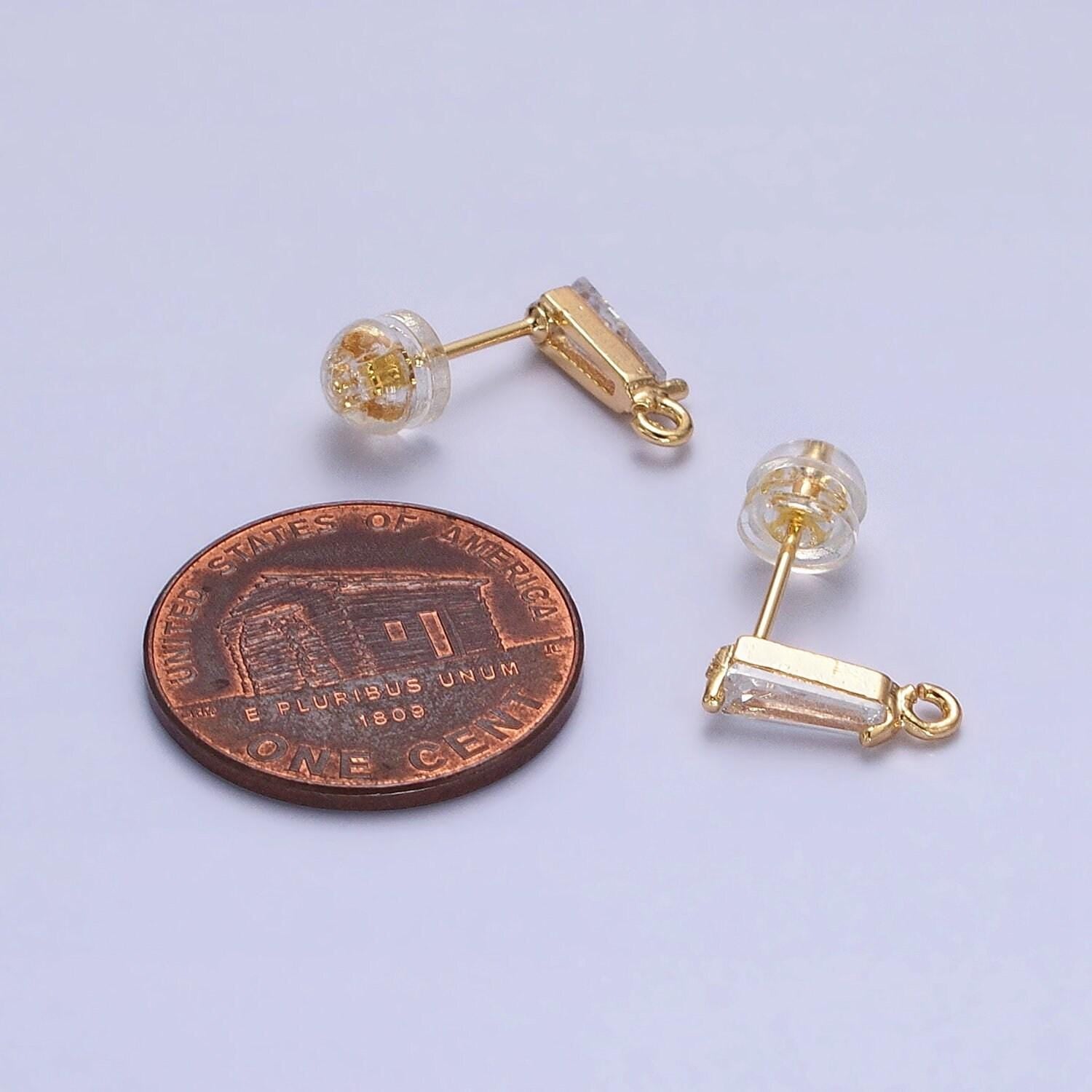 Mini baguette cut cz diamond stud earring gold earring post with open link for earring supply silver post stud earring z184 z185
