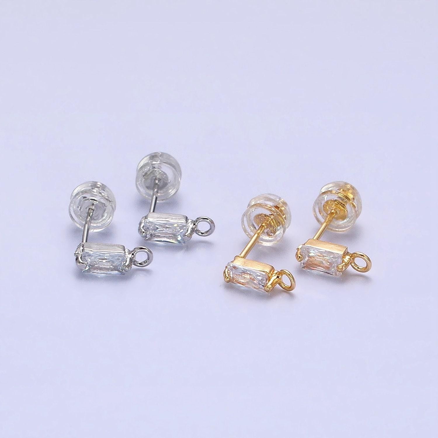 Tiny emerald cut cz cubic earring post w/ open link, nickel free 9x3mm design 16k gold plated brass, cz, earring making post 1 pair z178