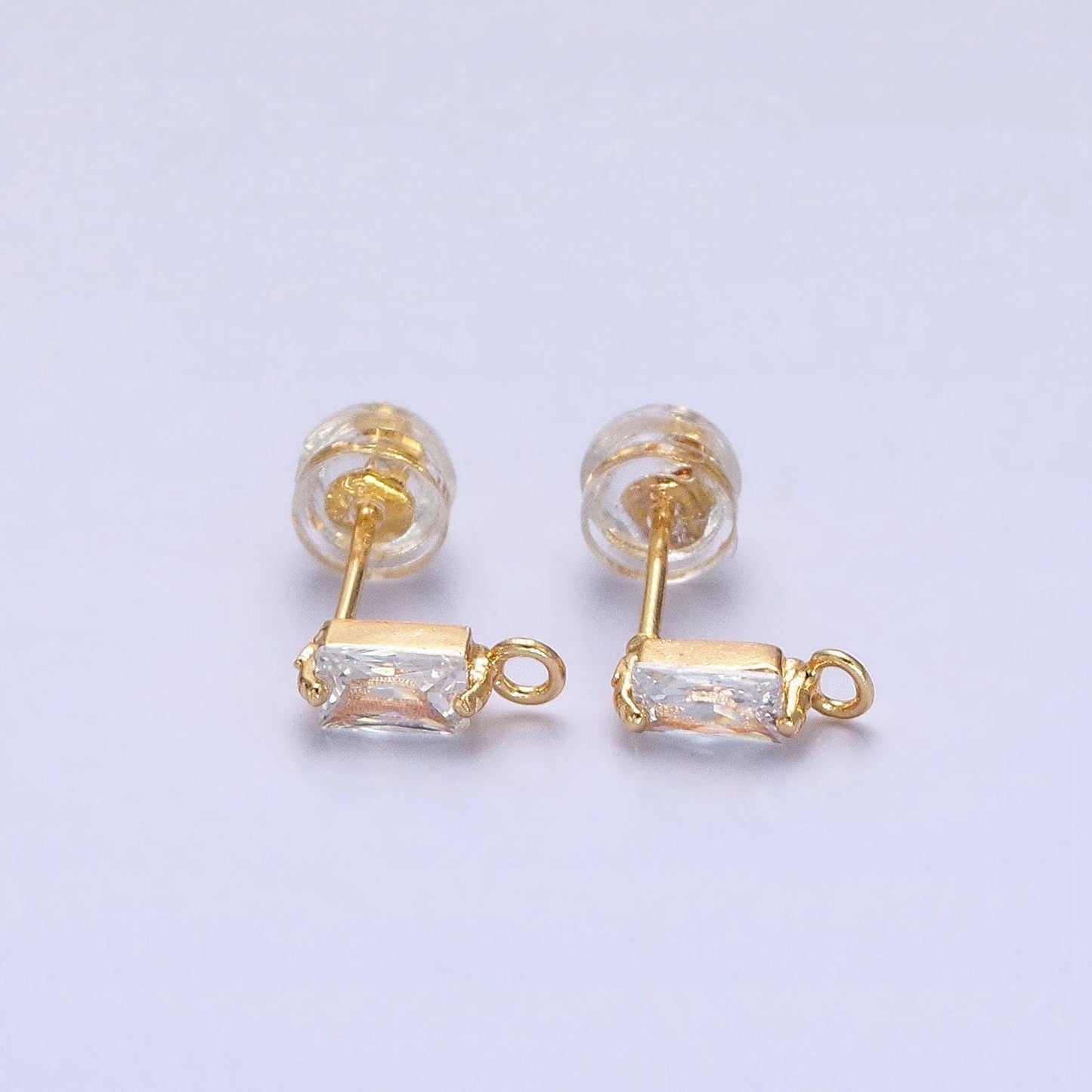 Tiny emerald cut cz cubic earring post w/ open link, nickel free 9x3mm design 16k gold plated brass, cz, earring making post 1 pair z178